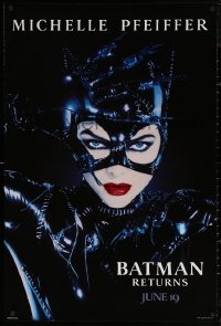 5h0815 BATMAN RETURNS teaser 1sh 1992 Tim Burton, Michelle Pfeiffer as Catwoman, dated design!