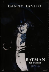 5h0814 BATMAN RETURNS teaser 1sh 1992 Burton, close-up of Danny DeVito as the Penguin, dated design!