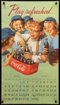 5h0318 COCA-COLA calendar 1940s boy surrounded by female baseball players, play refreshed!