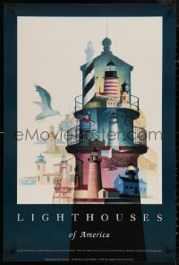 5h0725 LIGHTHOUSES OF AMERICA 24x36 special poster 1992 Koslow art montage of various lighthouses!