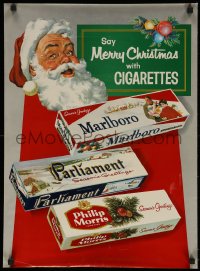 5h0645 SAY MERRY CHRISTMAS WITH CIGARETTES 19x26 advertising poster 1950s art of Santa & cigs!