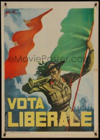5h0323 VOTA LIBERALE 20x28 Italian political campaign 1953 art of man blowing trumpet holding flag!