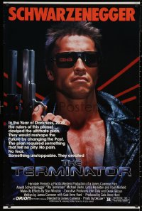 5h1148 TERMINATOR 1sh 1984 close up of classic cyborg Arnold Schwarzenegger with gun, border style!