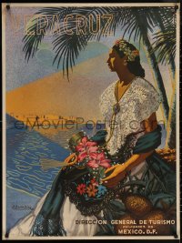 5h0486 VERACRUZ 27x37 Mexican travel poster 1951 art of woman & palm trees art by J. Bueno Diaz