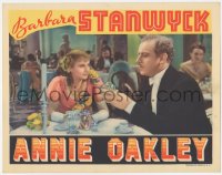 5k0891 ANNIE OAKLEY LC 1935 close up of pretty Barbara Satnwyck at restaurant with Melvyn Douglas!