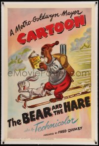 5p0137 BEAR & THE HARE linen 1sh 1948 art of Barney Bear on skis reading hunting rabbit book, rare!