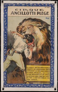 5p0101 CIRQUE ANCILLOTTI PLEGE linen 12x20 French circus poster 1910s art of man w/head in lion mouth!