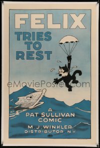 5p0175 FELIX TRIES TO REST linen 1sh 1924 cartoon art of Felix the Cat parachuting to his doom, rare!