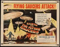 5p0114 EARTH VS. THE FLYING SAUCERS linen style B 1/2sh 1956 sci-fi classic, art of UFOs & aliens!