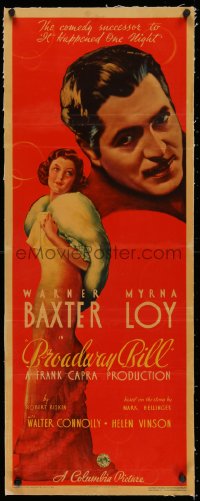 5p0122 BROADWAY BILL linen insert 1934 Frank Capra, art of Warner Baxter & Myrna Loy, very rare!