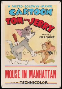 5p0297 TOM & JERRY linen 1sh 1952 Tom & Jerry hiding weapons behind their back, Mouse in Manhattan!