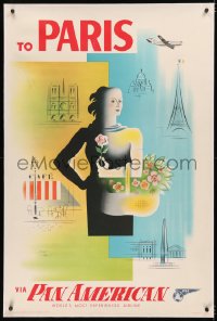 5p0071 PAN AMERICAN PARIS linen 28x43 travel poster 1954 Jean Carlu art of woman & city attractions!