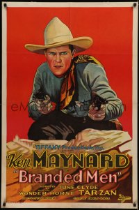 5s0129 BRANDED MEN 1sh 1931 great close up art of cowboy Ken Maynard pointing two guns, ultra rare!