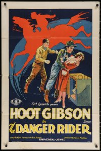 5s0131 DANGER RIDER 1sh 1928 silhouette art of Hoot Gibson on horse + rescuing woman, ultra rare!