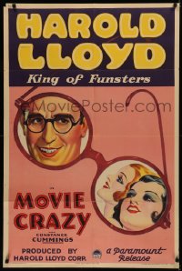5s0146 MOVIE CRAZY 1sh 1932 different art of Harold Lloyd & sexy girls in his glasses, ultra rare!