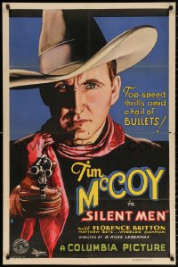 5s0152 SILENT MEN 1sh 1933 incredible close up art of cowboy Tim McCoy pointing gun, very rare!