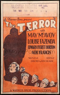 5s0044 TERROR WC 1928 art of killer over May McAvoy & cast, early Edgar Wallace talkie, ultra rare!
