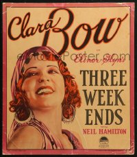 5s0045 THREE WEEKENDS WC 1928 wonderful head & shoulders art of pretty smiling red-haired Clara Bow!