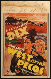 5s0051 WEST OF THE PECOS WC 1935 art of cowboy Richard Dix & Martha Sleeper, Zane Grey, ultra rare!