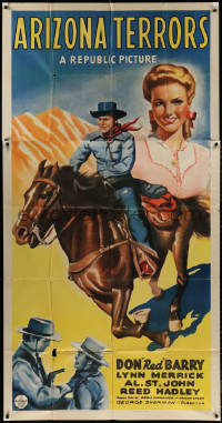 5w0034 ARIZONA TERRORS 3sh 1942 art of Don Red Barry riding horse + pretty Lynn Merrick, rare!