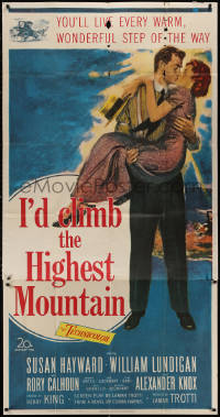 5w0072 I'D CLIMB THE HIGHEST MOUNTAIN 3sh 1951 art of William Lundigan kissing Susan Hayward, rare!