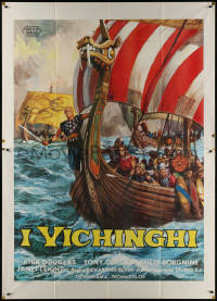 5w0283 VIKINGS Italian 2p 1958 cool different Ciriello art of Kirk Douglas men on long ship!