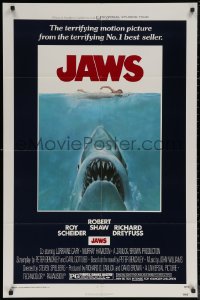 5x1134 JAWS 1sh 1975 Roger Kastel art of Spielberg's man-eating shark attacking sexy swimmer!