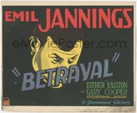 6c0014 BETRAYAL TC 1929 art of Emil Jannings behind title against black background, ultra rare!