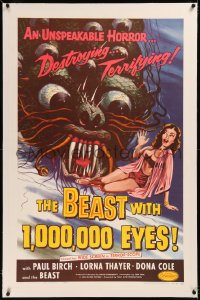 6j0069 BEAST WITH 1,000,000 EYES linen 1sh 1955 great art of monster attacking sexy girl by Albert Kallis!