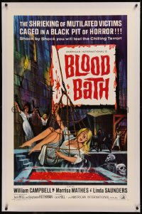 6j0073 BLOOD BATH linen 1sh 1966 AIP, cool artwork of sexy babe being lowered into a pit of horror!