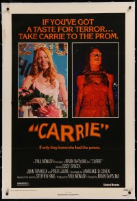 6j0082 CARRIE linen 1sh 1976 Stephen King, Sissy Spacek before and after her bloodbath at the prom!