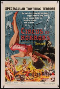 6j0084 CIRCUS OF HORRORS linen 1sh 1960 wild horror art of super sexy trapeze girl hanging by neck!