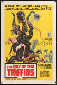 6j0091 DAY OF THE TRIFFIDS linen 1sh 1962 classic English sci-fi horror, cool art of monster with girl!