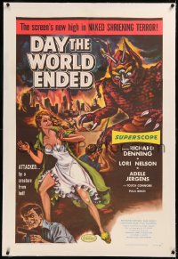 6j0092 DAY THE WORLD ENDED linen 1sh 1956 Roger Corman, great art of sexy Lori Nelson & wacky monster!