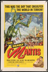 6j0093 DEADLY MANTIS linen 1sh 1957 classic art of giant insect by Washington Monument by Ken Sawyer!