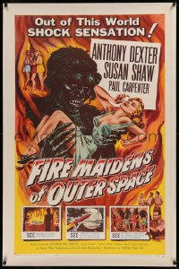 6j0101 FIRE MAIDENS OF OUTER SPACE linen 1sh 1956 great Kallis art of monster holding sexy blonde!