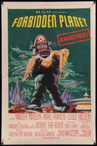 6j0103 FORBIDDEN PLANET linen 1sh 1956 most classic art of Robby the Robot holding sexy Anne Francis!