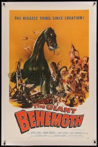 6j0106 GIANT BEHEMOTH linen 1sh 1959 cool art of massive brontosaurus dinosaur monster smashing city!