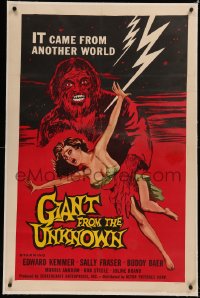 6j0107 GIANT FROM THE UNKNOWN linen 1sh 1958 art of monster Buddy Baer grabbing near-naked girl!