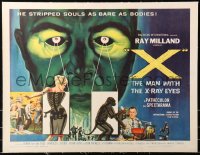 6j0064 X: THE MAN WITH THE X-RAY EYES linen 1/2sh 1963 Ray Milland strips souls & bodies, cool art!