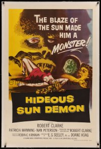 6j0113 HIDEOUS SUN DEMON linen 1sh 1959 the blaze of the sun made Robert Clarke a monster, cool art!