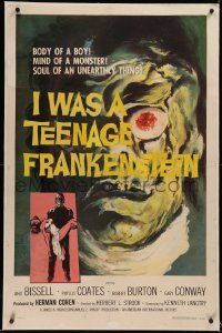 6j0118 I WAS A TEENAGE FRANKENSTEIN linen 1sh 1957 wonderful c/u art of monster + holding sexy girl!