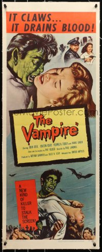 6j0039 VAMPIRE linen insert 1957 John Beal, it claws, it drains blood, cool art of monster & victim!