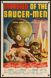 6j0119 INVASION OF THE SAUCER MEN linen 1sh 1957 classic art of cabbage head aliens & sexy girl!