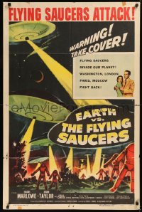 6k0093 EARTH VS. THE FLYING SAUCERS 1sh 1956 Ray Harryhausen classic, cool art of UFOs & aliens!