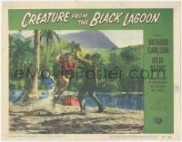 6m0076 CREATURE FROM THE BLACK LAGOON LC #7 1954 Julia Adams watches Gozier attack monster on beach!