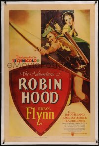 6y0001 ADVENTURES OF ROBIN HOOD linen 1sh 1938 art of Errol Flynn & Olivia De Havilland, ultra rare!