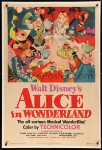6y0014 ALICE IN WONDERLAND linen 1sh 1951 Walt Disney Lewis Carroll classic, wonderful tea party art!