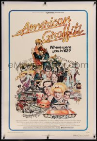 6y0020 AMERICAN GRAFFITI linen 1sh 1973 George Lucas teen classic, Mort Drucker montage art of cast!