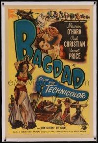 6y0029 BAGDAD linen 1sh 1950 art of Maureen O'Hara in sexiest harem outfit + Vincent Price on horse!